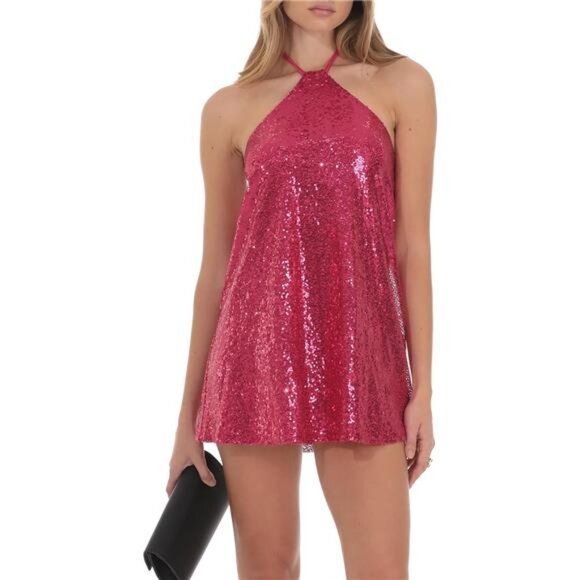 Women's Glitter Sequin Dress Halter Neck Red Pink - Picture 1 of 5